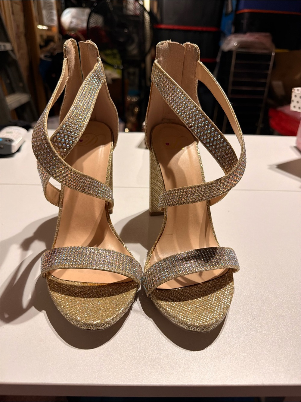 Delicious Gold Rhinestone Crisscross Block Heel Sandals